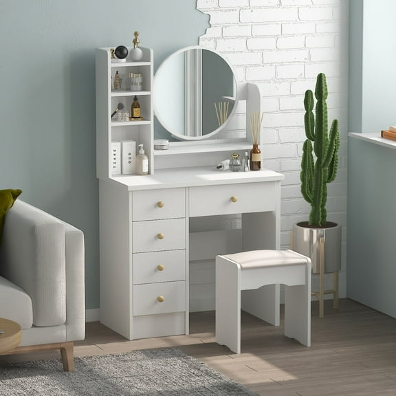 WIAWG 1 Piece Adult Contemporary Multifunctional Vanity Set with Mirror and 5 Drawers, White