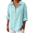 thumbnail image 2 of DENGDENG 3/4 Sleeve Linen Tops for Women Casual Button V Neck Collared Tunic Summer Spring Boho Blouses Outfits, #01 Light Blue XXL, 2 of 7