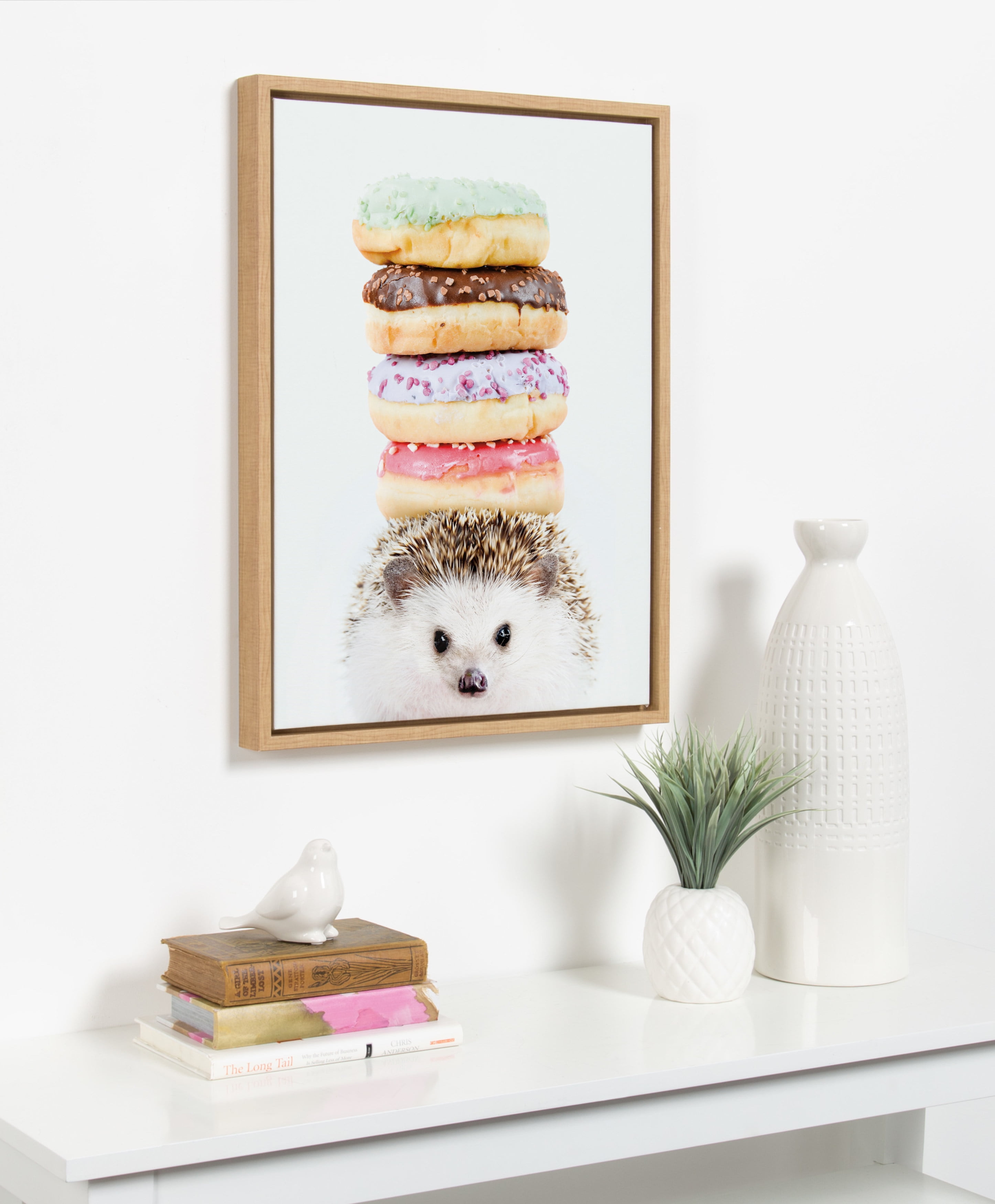 DesignOvation Sylvie Hedgehog Donuts Framed Canvas Wall Art By Amy Peterson, 18x24 Natural, Cute Baby Animal Portrait For Living Room, Bedroom, Or Nursery