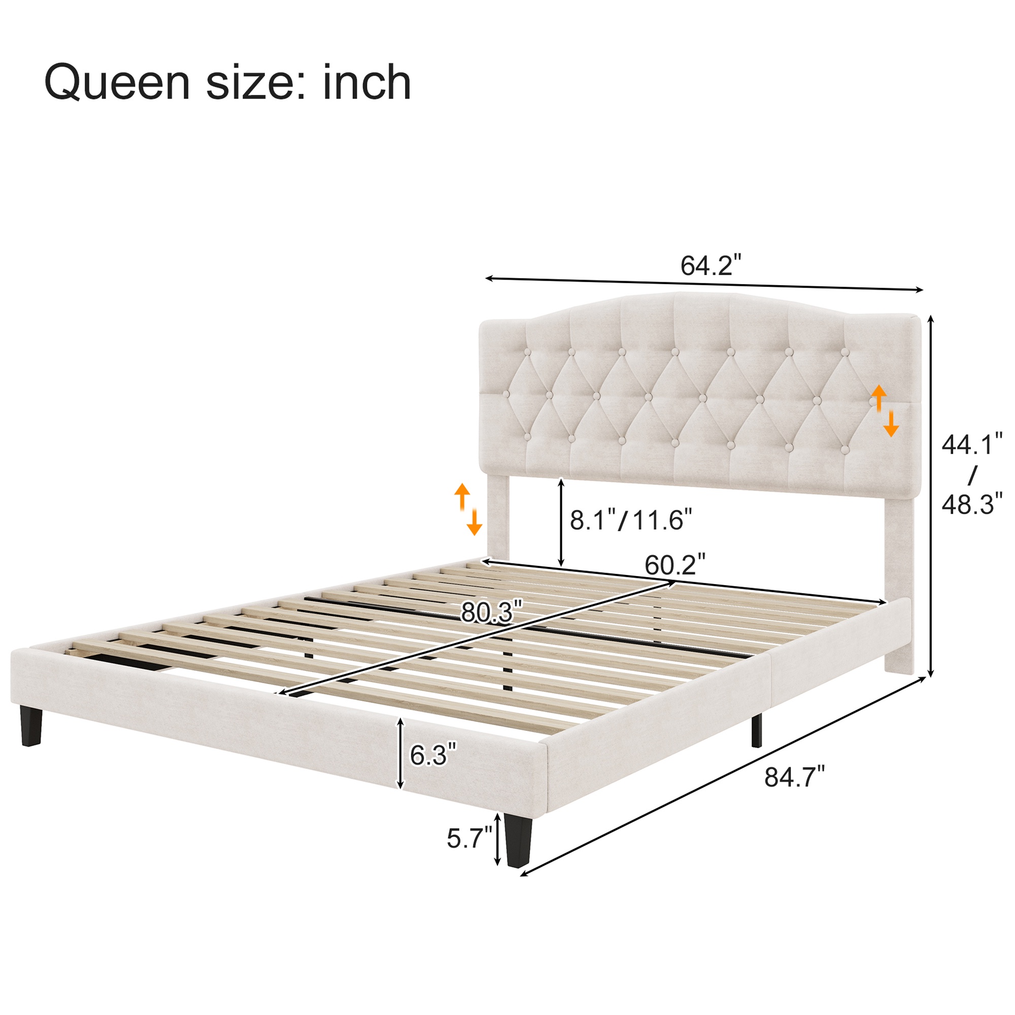 PORKISS Queen Size Linen Bed Frame with Upholstered Button Tufted Adjustable Headboard, Platform Bed with Wooden Slats Support, Holds 800lbs, Beige