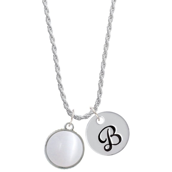 Delight Jewelry Silvertone Round - Imitation Cat's Eye - White - Silvertone Script Initial Disc - B - Charm Necklace, 20"+3"