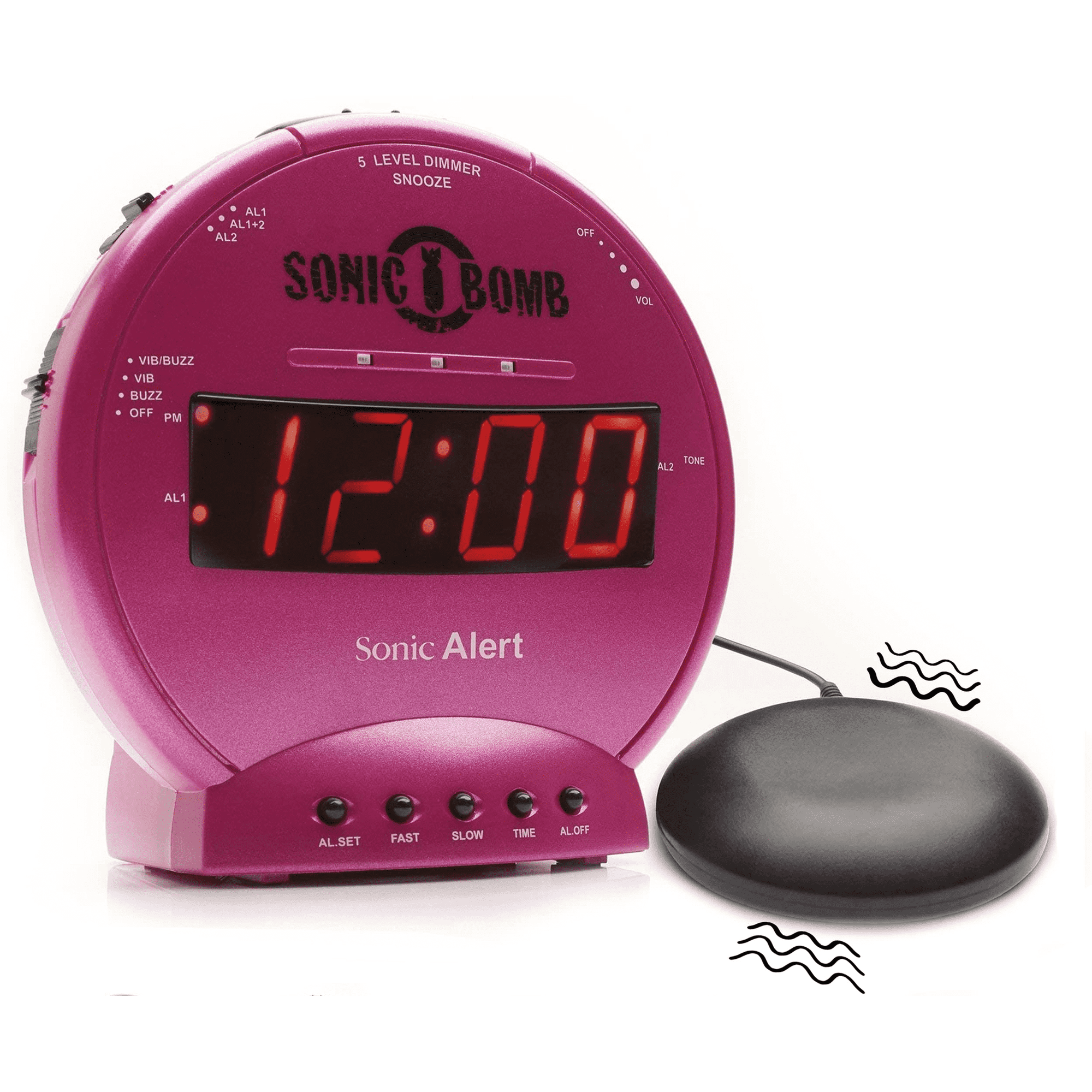 Sonic Bomb Dual Extra Loud Alarm Clock with Bed Shaker, Pink | Sonic Alert Vibrating, Heavy