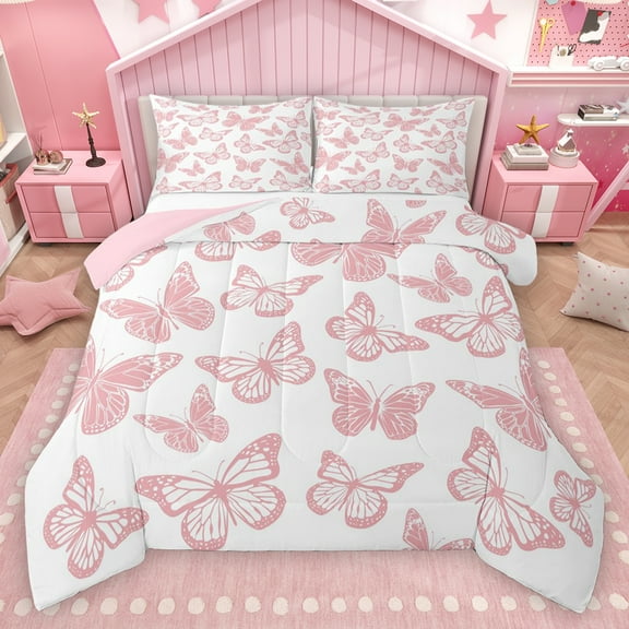 Homewish Chic Butterflies Bedding Comforter Set,Cartoon Animal Twin Comforter Sets,White Pink Bedding Set For Girls Kids,Microfiber Bedroom Decor Reversible,2pcs