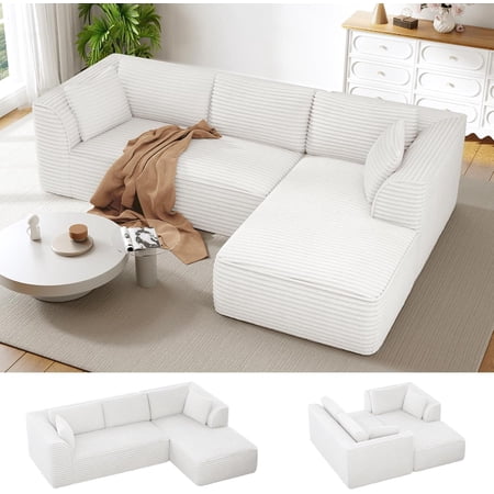 Neche 106" Modular Sectional Sofa with Chaise, Deep Seat Comfy Cloud Couch Corduroy L Shaped Sofa Sectional Couches for Living Room Bedroom, No Assembly Required (Beige, Right-Facing Chaise)