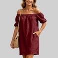thumbnail image 6 of Dvprdro Off Shoulder Short Sleeve Cotton Linen Mini Dress for Women Side Pockets Loose A Line Summer Beach Casual Solid, 6 of 10
