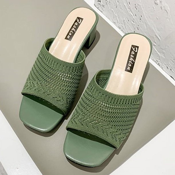 Sandalias y zapatillas de tacón medio para mujer Verano de prendas de vestir exteriores tejidas voladoras sandalias y zapatillas de mujer de moda