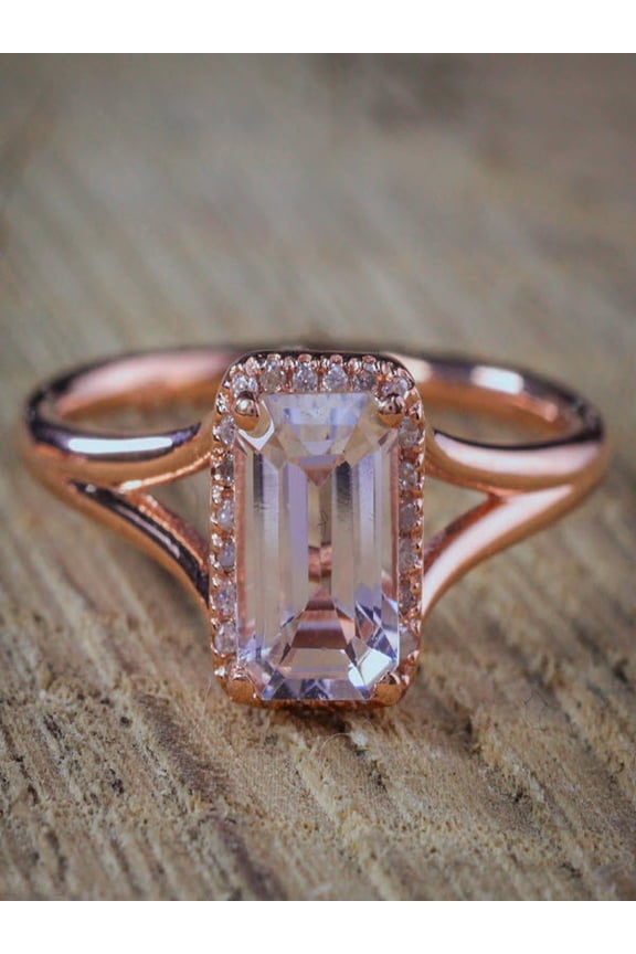 Sale: 1.25 Carat Peach Pink Morganite (emerald cut Morganite) and Diamond Split Shank Halo Engagement Ring in 10k Rose Gold Cheap Sale