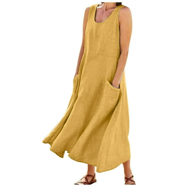 CHOK Robes d'Été Décontractées Femmes Coton Lin à Fleurs Robe Maxi Femme Sans Manches Débardeur Longue Fluide Robe Bohème Robes d'Été Fluides pour Adolescentes avec Poches Gris Foncé 3TG