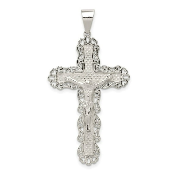 Sterling Silver Polished Filigree Cross Crucifix Pendant
