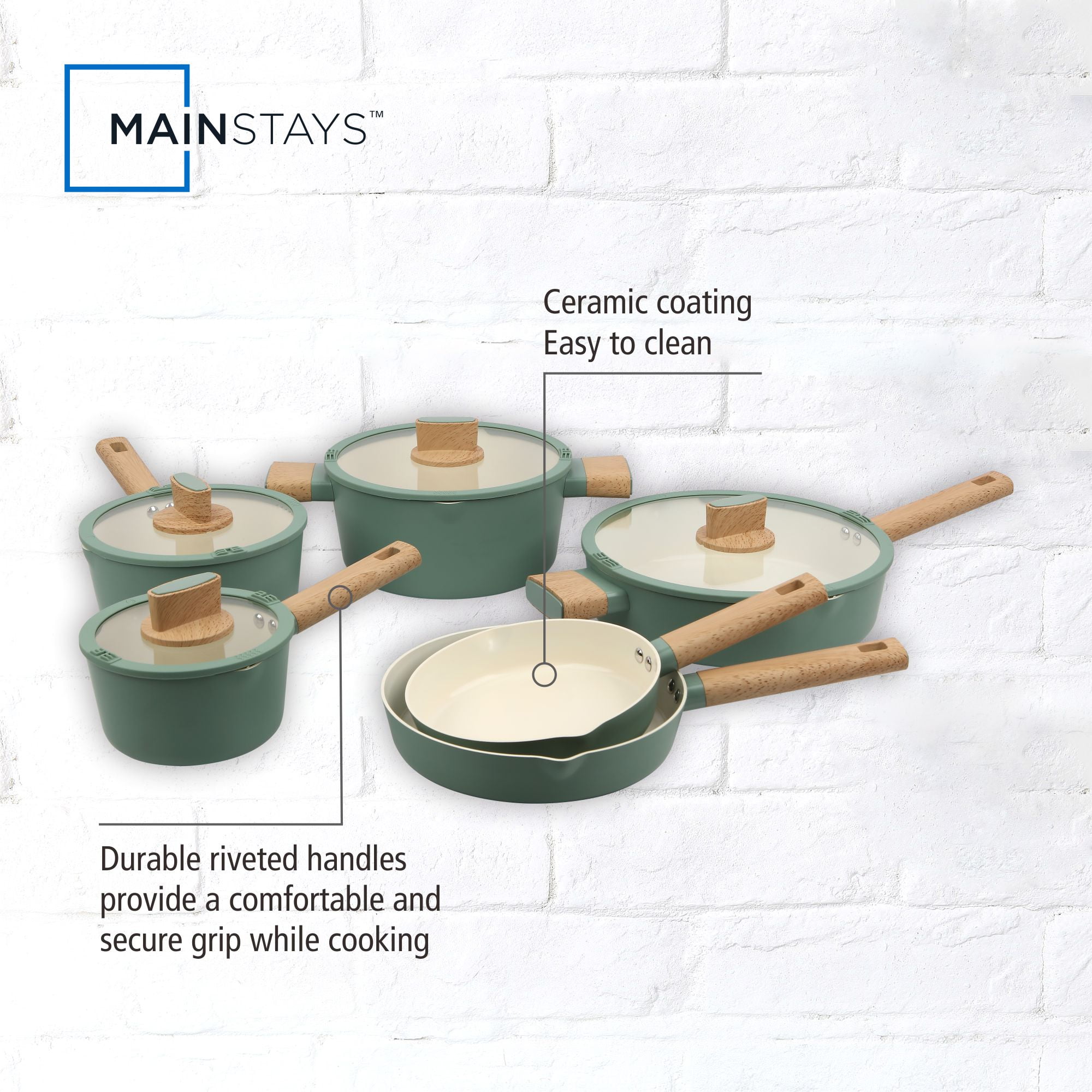 Mainstays Simplicity 10-Piece Aluminum Nonstick Ceramic Cookware Set, Green Sage