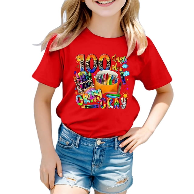 LUOGENLI T-Shirt pour Filles, 100 Jours d'École, Imprimé Mode, Manches Courtes, Col Rond, Ample, Décontracté, Ensemble Maxi, Boho Rouge 3-4 Ans