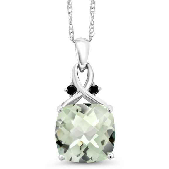 Gem Stone King 10K White Gold Green Prasiolite and Black Diamond Pendant Necklace for Women (3.39 Cttw, Gemstone, Cushion Checkerboard Cut 10MM, with 18 inch Chain)