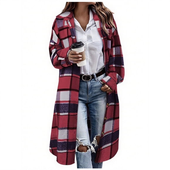 LMKIHUSA Women's Long Plaid Flannel Coat Lapel Button Down Tartan Long Jackets Casual Trendy Winter 2025 Shacket with Pockets Wine,M