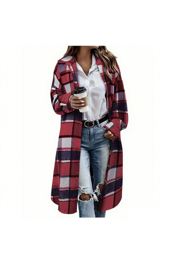 Womens Long Jackets Plaid Flannel Woolen Trench Coat Mid Length Long Sleeve Thick Warm Lapel Fall Winter Clothes (XL, Wine)
