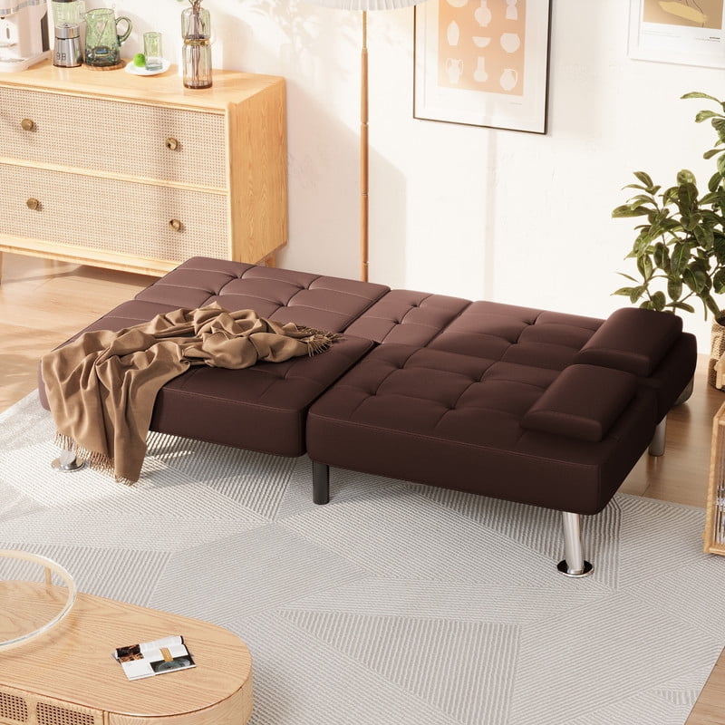 Lacoo Linen Futon Sofa Bed Modern Convertible Sleeper Couch with Removable Armrests & Cup Holders for Living Room,Small Spaces,PU Leather Brown
