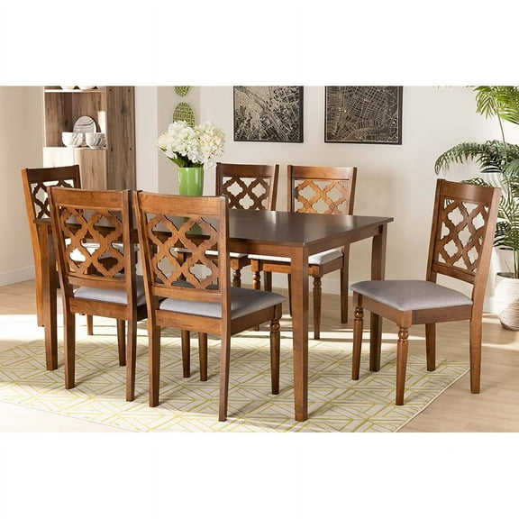Baxton Studio Ramiro Modern and Contemporary Grey Fabric Upholstered and Walnut Brown Finished Wood 7-Piece Dining Set