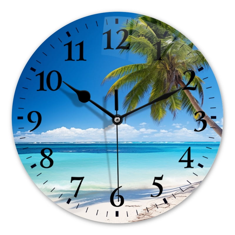 Battery Operated Analog Wall Clocks Non-Ticking Silent Modern Clock Decorative for Home,Office-White Sand With Bule Water And Palm Trees(10inch)