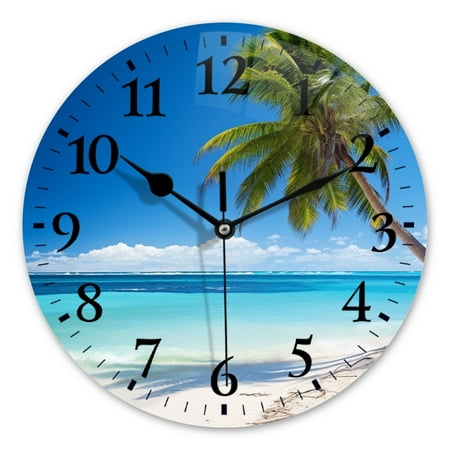 Battery Operated Analog Wall Clocks Non-Ticking Silent Modern Clock Decorative for Home,Office-White Sand With Bule Water And Palm Trees(10inch)