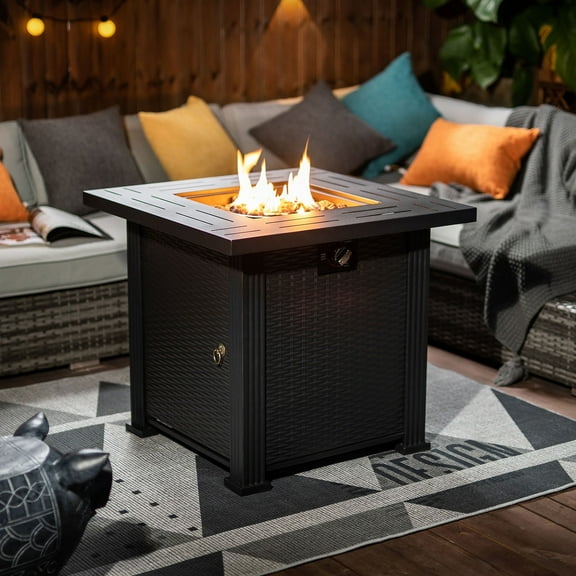 28-Inch Propane Fire Pit Table, 50,000 BTU with Steel Lid and Lava Rocks