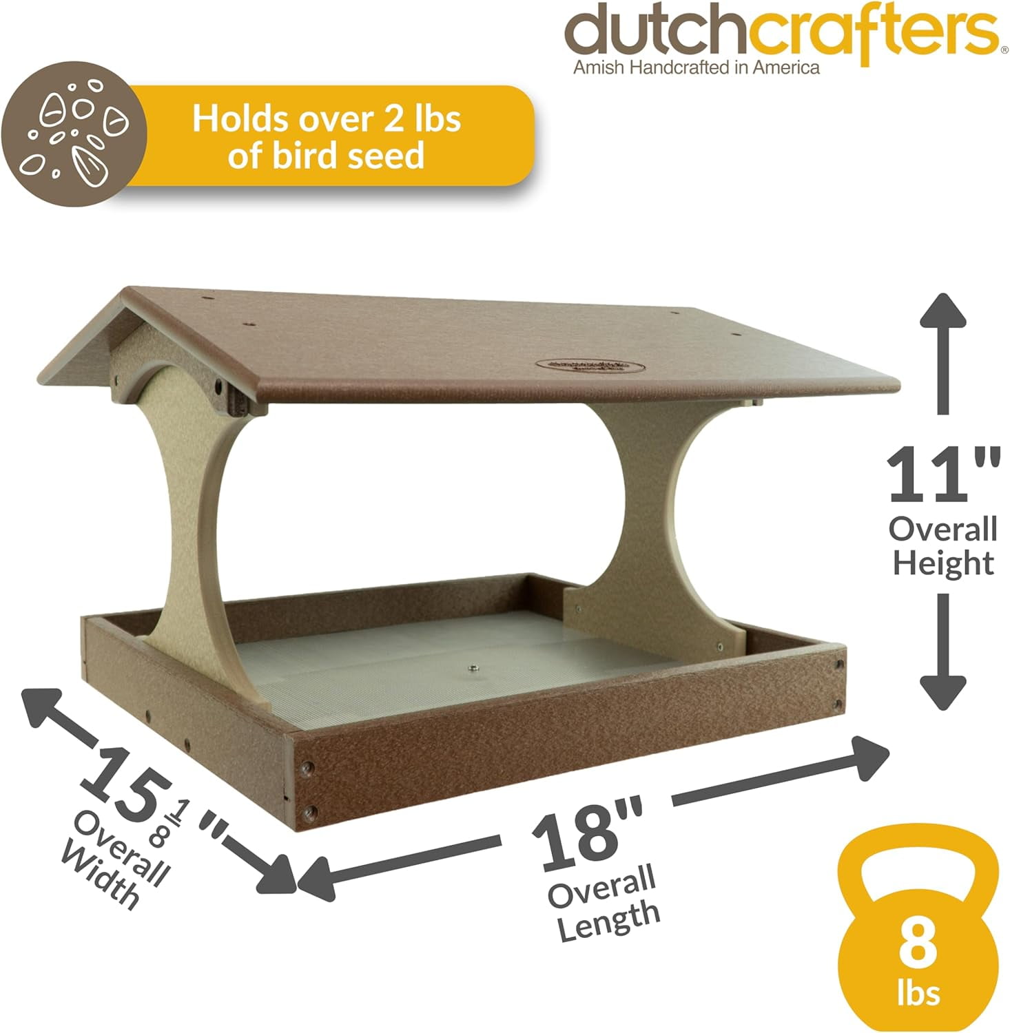 DutchCrafters Amish USA Made Poly Extra Large Fly Through Bird Feeder Post Mount for 4" x 4", Covered Bird Feeder Open Platform Seed Tray for Outdoor, Outside (Tudor Brown & Weatherwood)