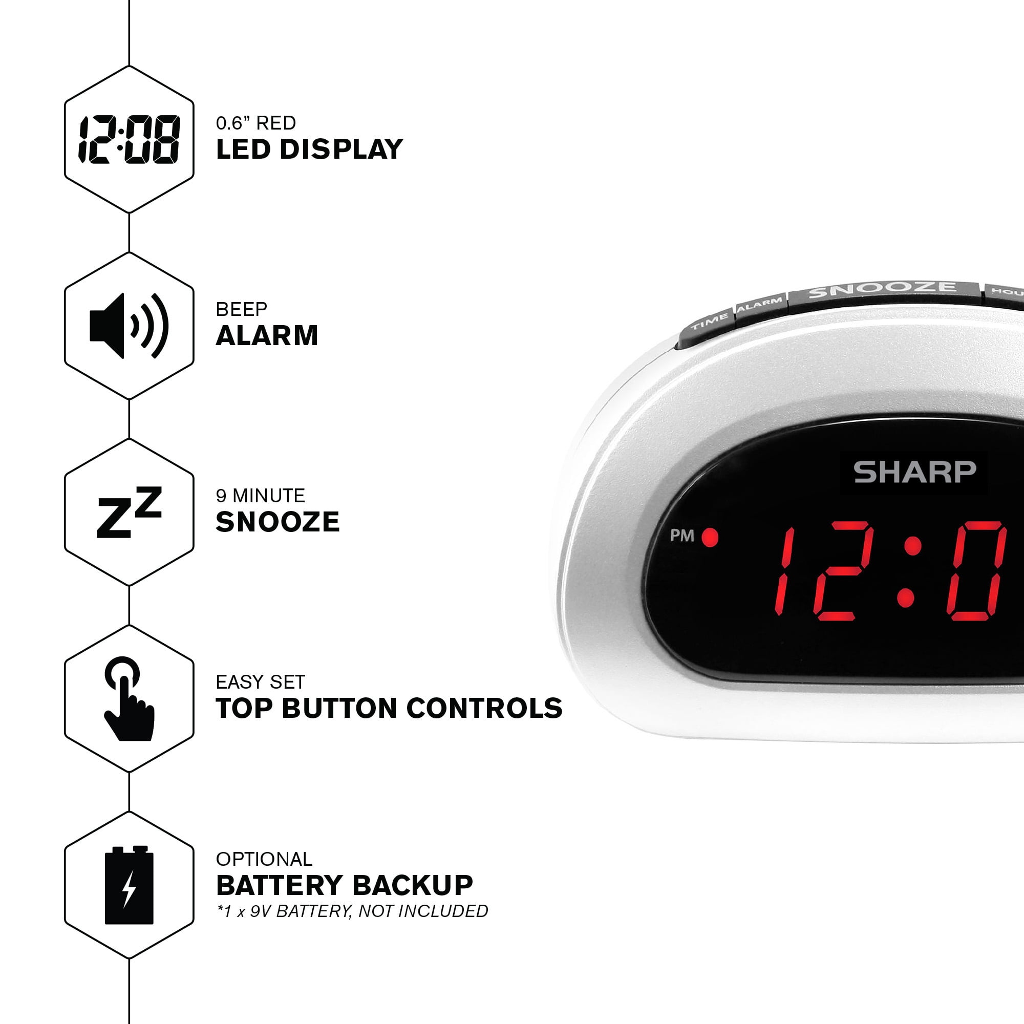 (3 pack) SHARP Digital Alarm Clock, Cloud White, Easy to Set Controls, Red LED Display