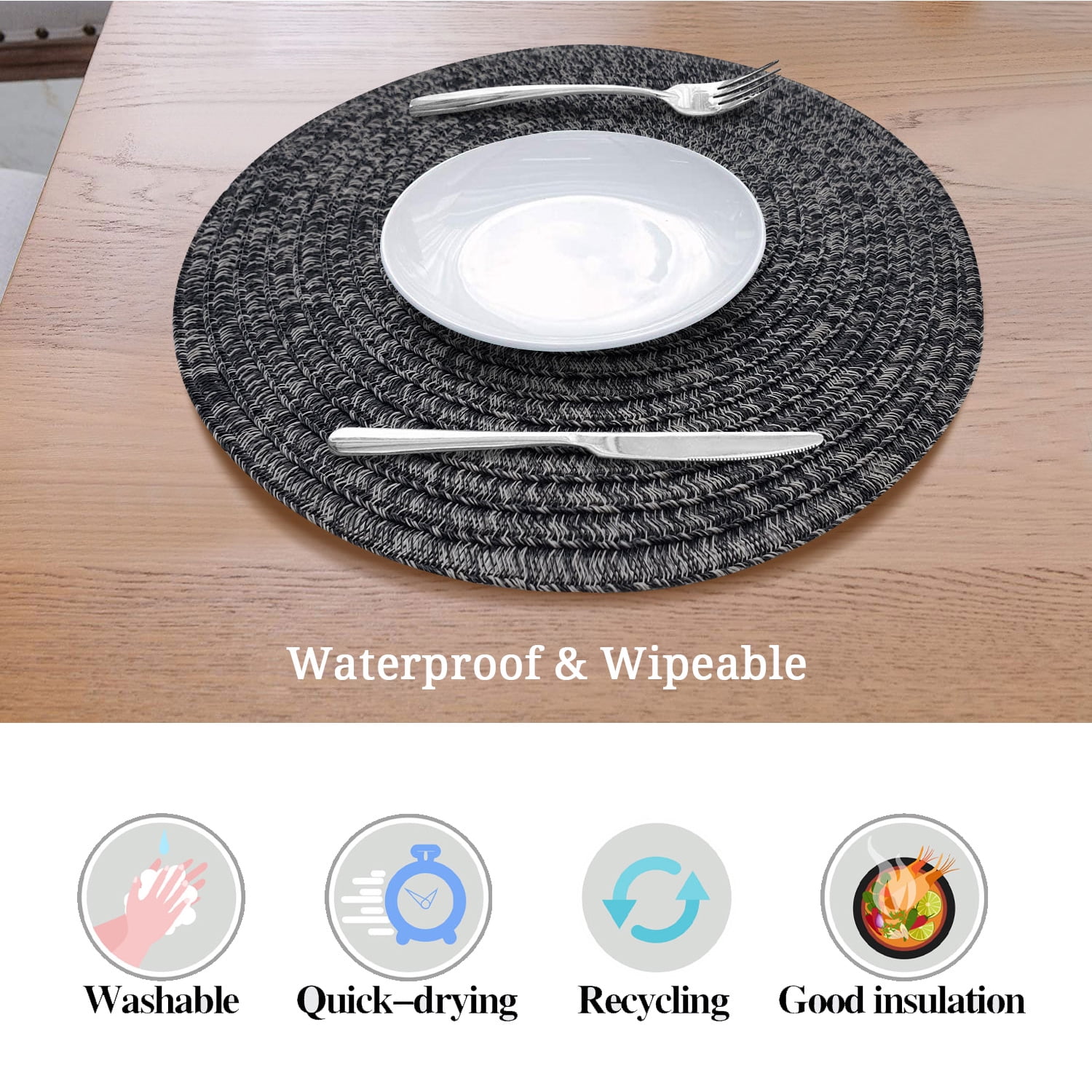 Round Dark Gray Placemats Set of 4, Pressed Vinyl Heat Resistant Dining