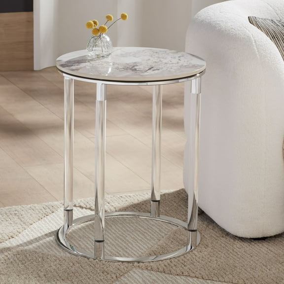 Studio 55D Tamara 18 1/4" Wide Stone and Chrome Round Side Table