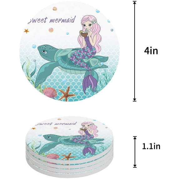 FMSHPON Mermaid Ocean Sea Turtle Set of 6 Round Coaster for Drinks, Absorbent Ceramic Stone Coasters Cup Mat with Cork Base for Home Kitchen Room Coffee Table Bar Decor