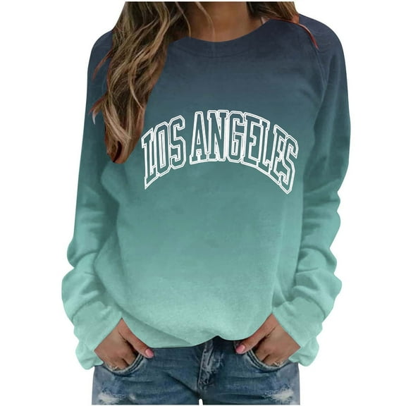 WREESH Women's Long Sleeve Letter Graphic Sweatshirt Fall Casual Crewneck Loose Fit Top Blue