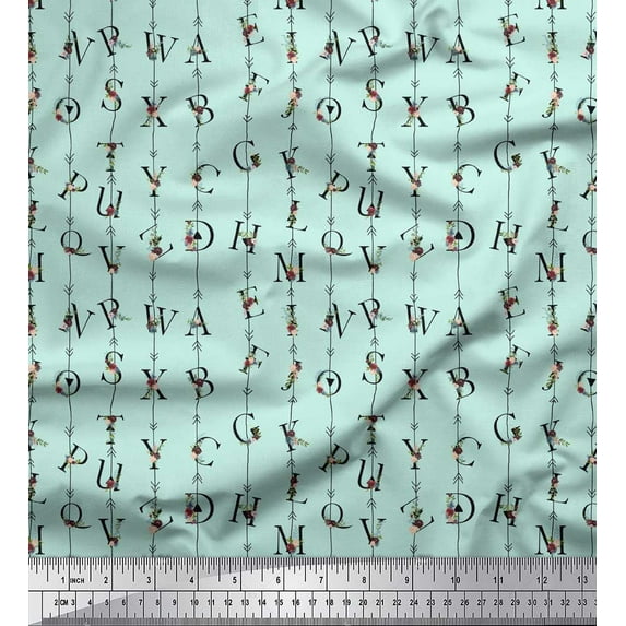 Soimoi Green Cotton Poplin Fabric Floral Alphabet Text Decor Fabric Printed Yard 42 Inch Wide