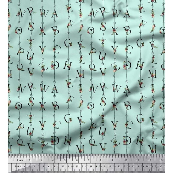 Soimoi Green Poly Georgette Fabric Floral Alphabet Text Print Sewing Fabric Yard 42 Inch Wide