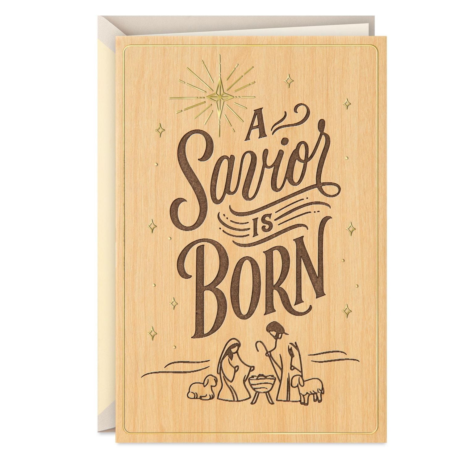 Carte religieuse de Noël, Signature de Hallmark, motif de bois (« A Savior is Born »)
