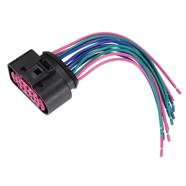reemplazo del conector del cable del arnés del faro de 3 pines para vw para audi no.1j0973737 Nuevo conector negro de 3 pines con inserto rosado y 15 cm de cables multicolores, carcasa plástica rectangular y terminales de cobre visibles, vista frontal en ángulo sobre fondo blanco; accesorio no OEM, plug and play, suele usarse para reemplazar arnés de faro dañado.