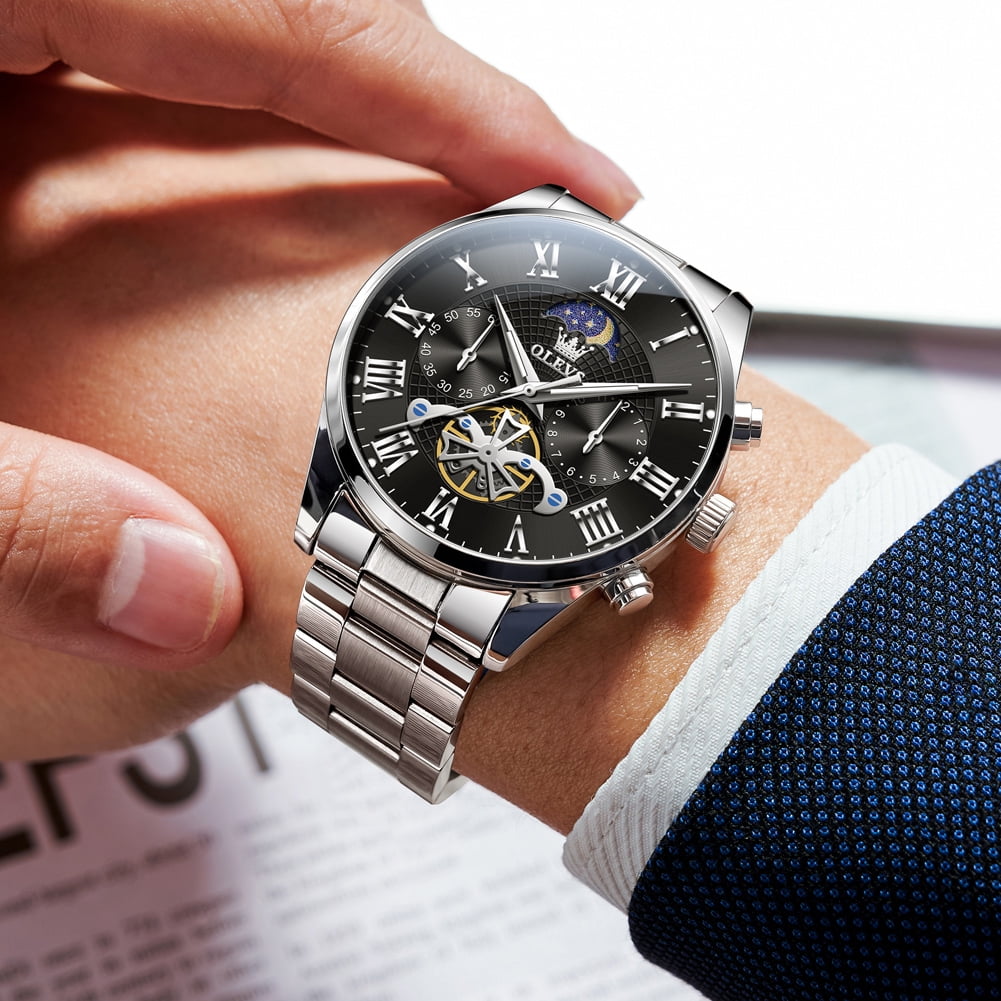 OLEVS Chronograph Watches for Men Waterproof Business Dress Analog Quartz Luxury Moon Phase Stainless Steel Roman Numeral Luminous Casual Mens Wrist Watches Reloj Para Hombre