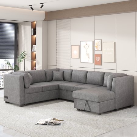 108.6" U-shaped Sectional Sofa Bed with USB Ports & Power Sockets, Light Gray, Chenille