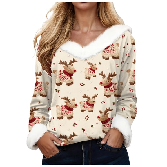 zaveiop Women's V-Neck Snowman Print Long Sleeve Sweater Cute Christmas Holiday Pullover with Faux Fur Trim (Beige, 4XL)