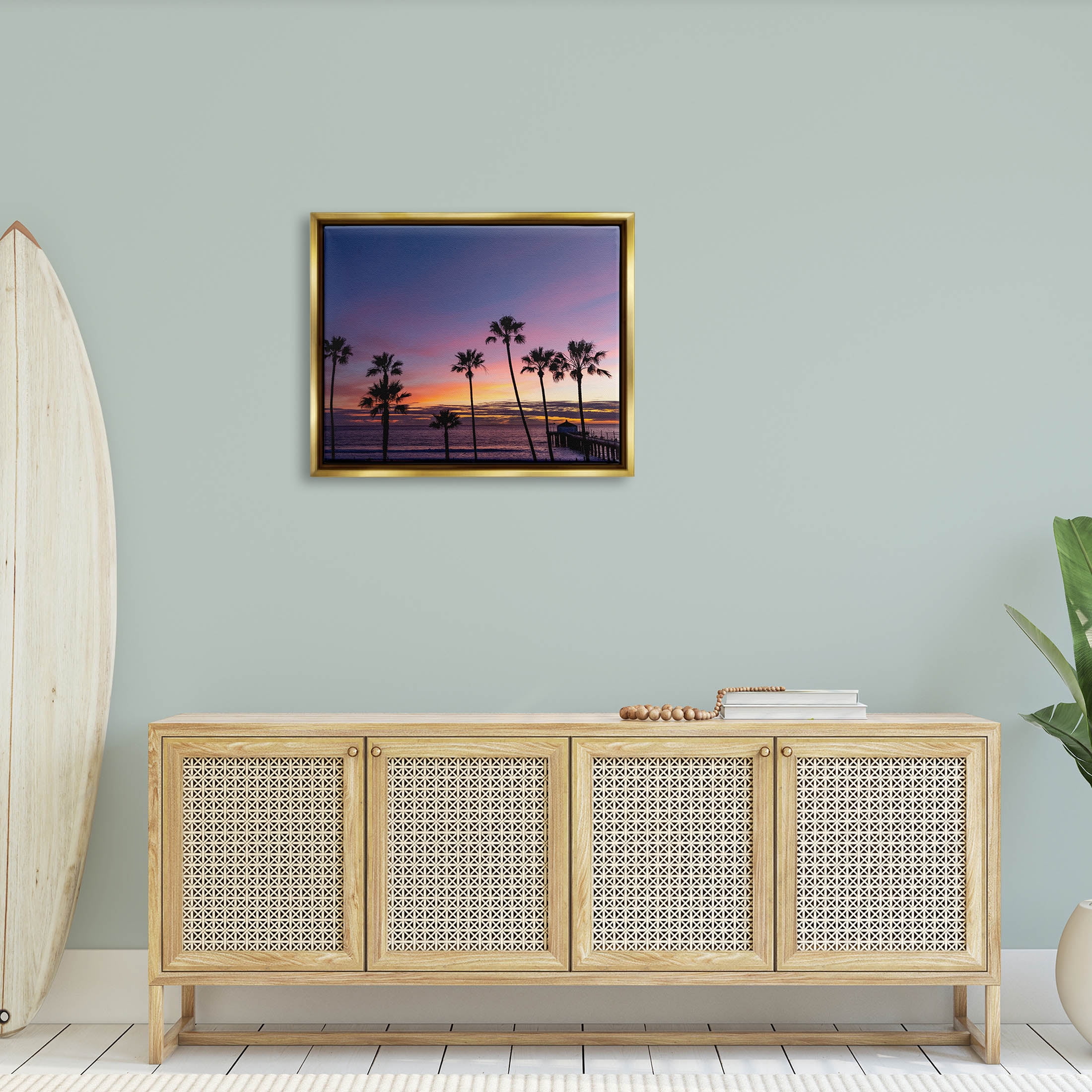 Vivid Sunset Palm Trees Horizon Coastal Photograph Metallic Gold Framed Art Print Wall Art