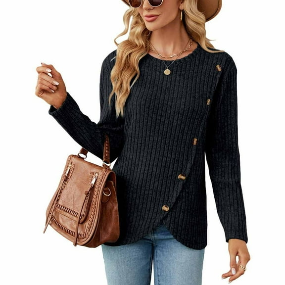 SWSMCLT Women's Soft Pullover Sweaters Long Sleeve Top Knit Tshirt Button Lightweight Dressy Sweater Asymmetric Fall Fashion Black X-Large
