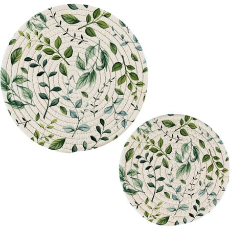 

SKYSONIC 2 Pieces Wild Green Blue Herbs Trivet Mat Pot Holders Set Hot Pads Potholder Cotton for Kitchen Weave Pot Mat Cooking Baking Decor Home