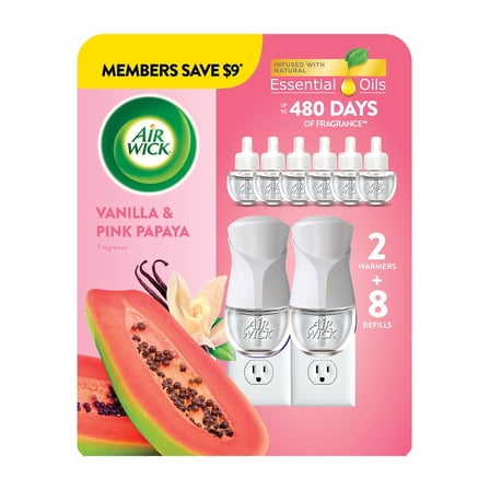Air Wick Plug In Scented Oil Air Freshener, Vanilla & Pink Papaya, 2 Warmers   8 Refills
