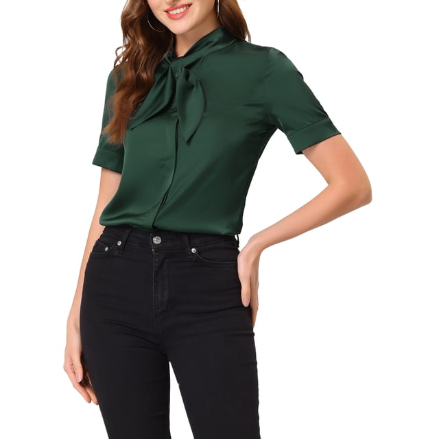BLUSA DE SATÉN ELEGANTE CON NUDO EN EL CUELLO PARA MUJERES CHIC, CAMISA DE OFICINA DE MANGA CORTA Y BOTONES, TAMAÑO S, VERDE OSCURO