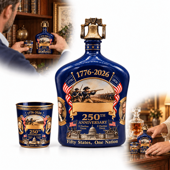 USA 250th Anniversary Glass Decanter Set, 1776-2026, with Eagle Drinking Glass and Liberty Bell Stopper