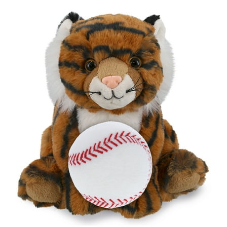 DolliBu Squat Tiger Stuffed Animal with Baseball Plush - Soft, Huggable Tiger, Great Gifts for Kids Who Love Baseball, Cute Wild Animal Plush with Plush Baseball Toy for Kids, Adults - 8 Inches