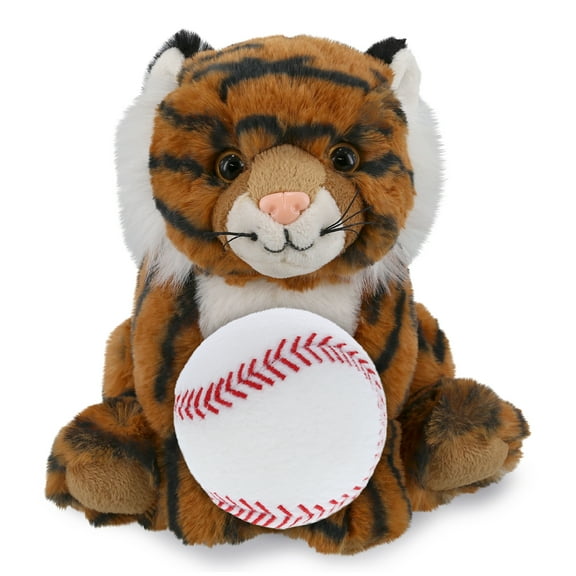 DolliBu Squat Tiger Stuffed Animal with Baseball Plush - Soft, Huggable Tiger, Great Gifts for Kids Who Love Baseball, Cute Wild Animal Plush with Plush Baseball Toy for Kids, Adults - 8 Inches