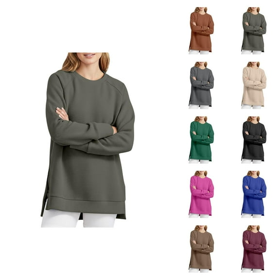 Basic Sweatshirts for Women 2025 Fall Winter Long Sleeve Crewneck Side Slit Plain Sweatshirt Pullover Tops