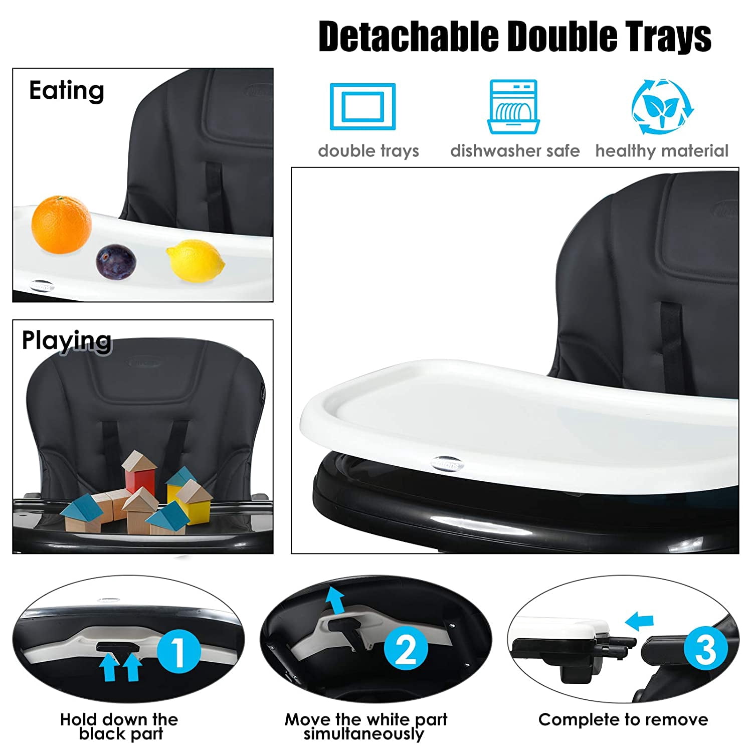 INFANS 4 in 1 High Chair–Booster Seat, Convertible Highchair w/Adjustable Height, Removable Tray, Detachable Cushion, Installation-Free, Simple Fold for Baby, Infant & Toddler, Black