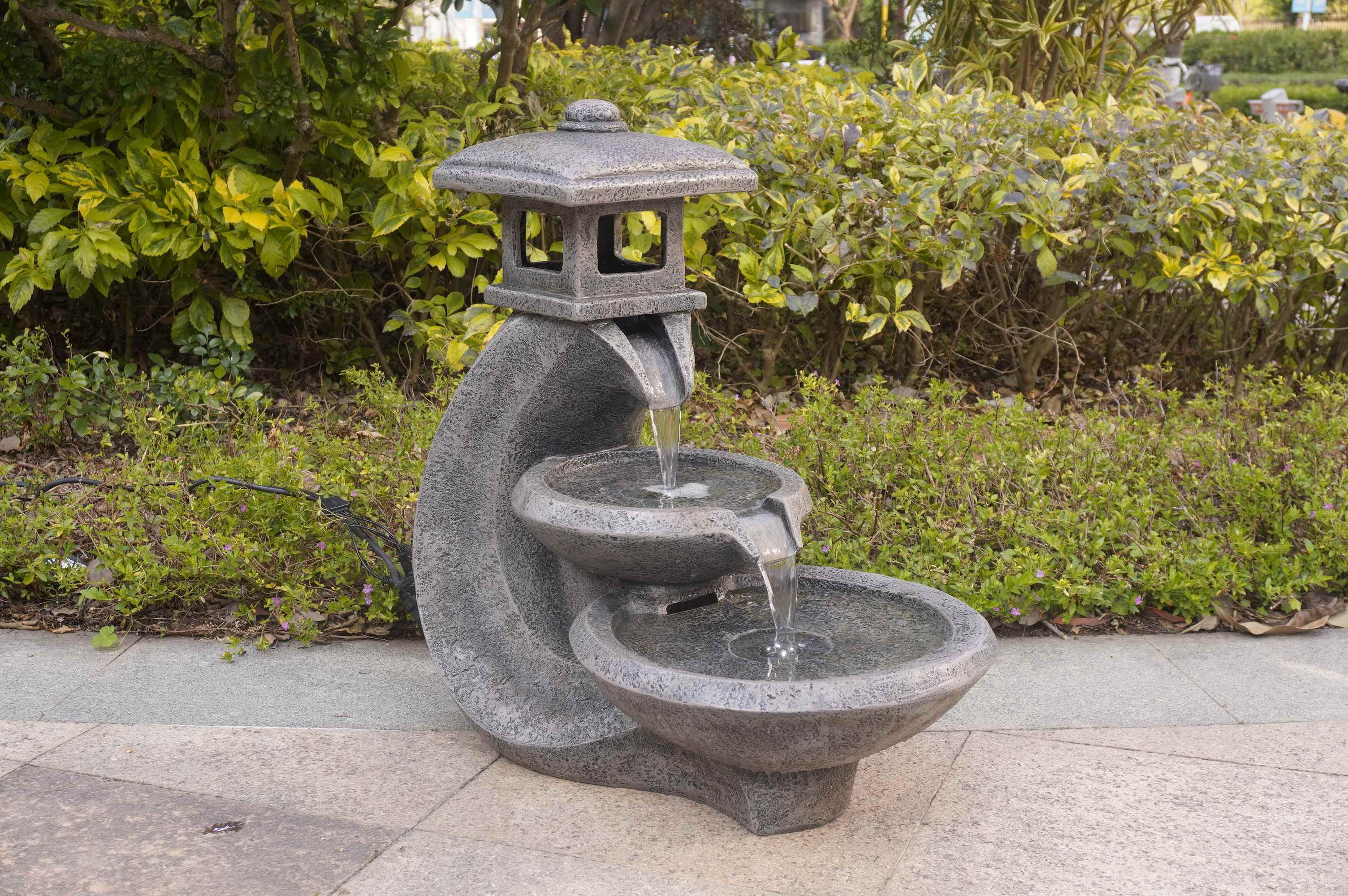 Pagoda Tiered Outdoor Fountain with 3 White LEDS