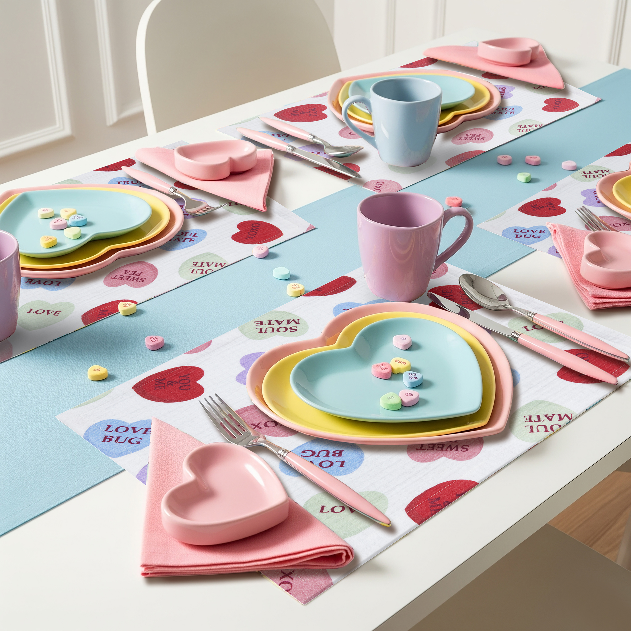 Conversation Hearts 4 Pack Table Placemat Set - 14" x 19" Each - 100% Cotton, Multi-color