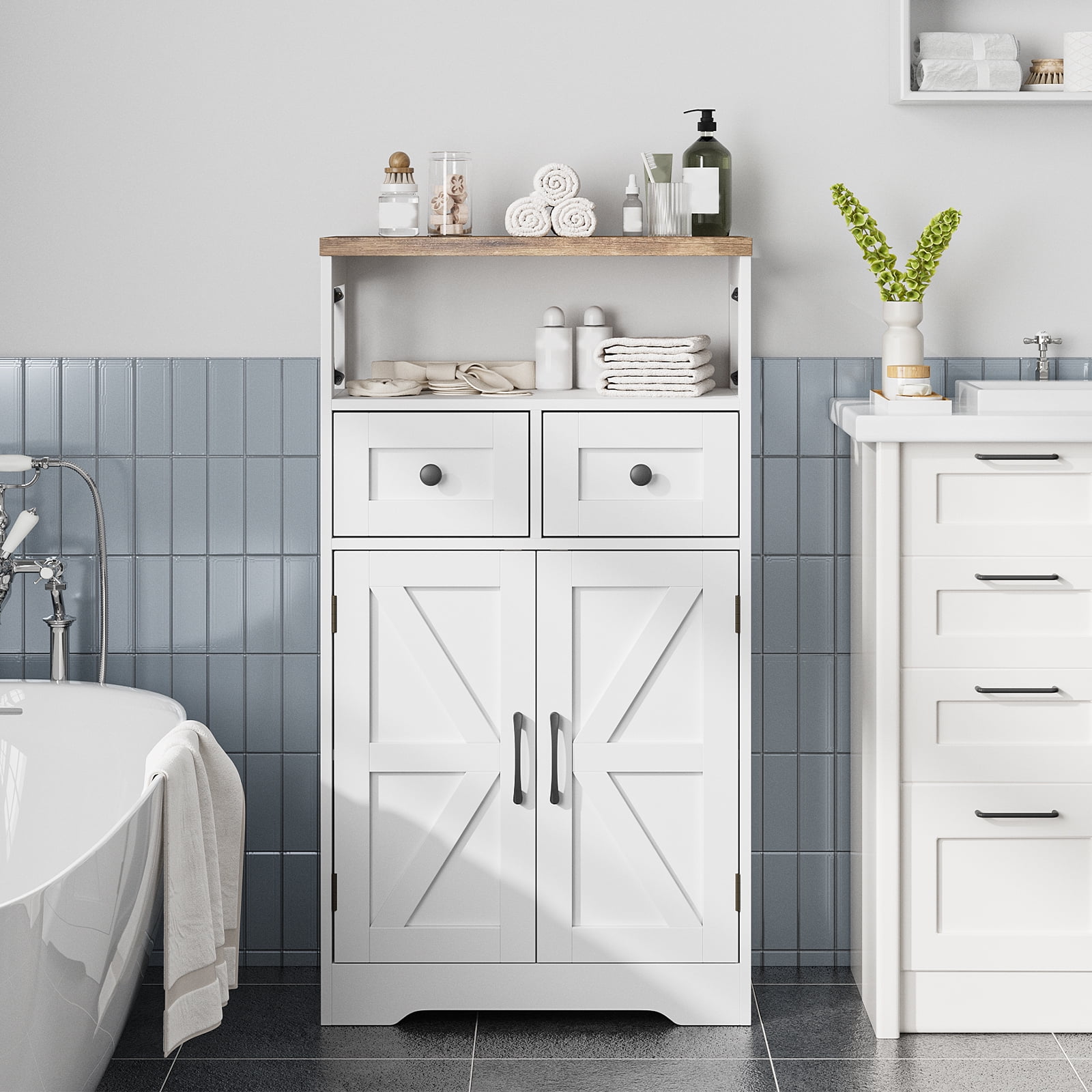 VEANERWOOD Bathroom Floor Cabinet Wooden Storage Organizer with 2 Barn Door, 2 Drawers & Adjustable Shelf, 42.7"H Floor Bathroom Storage Cabinet