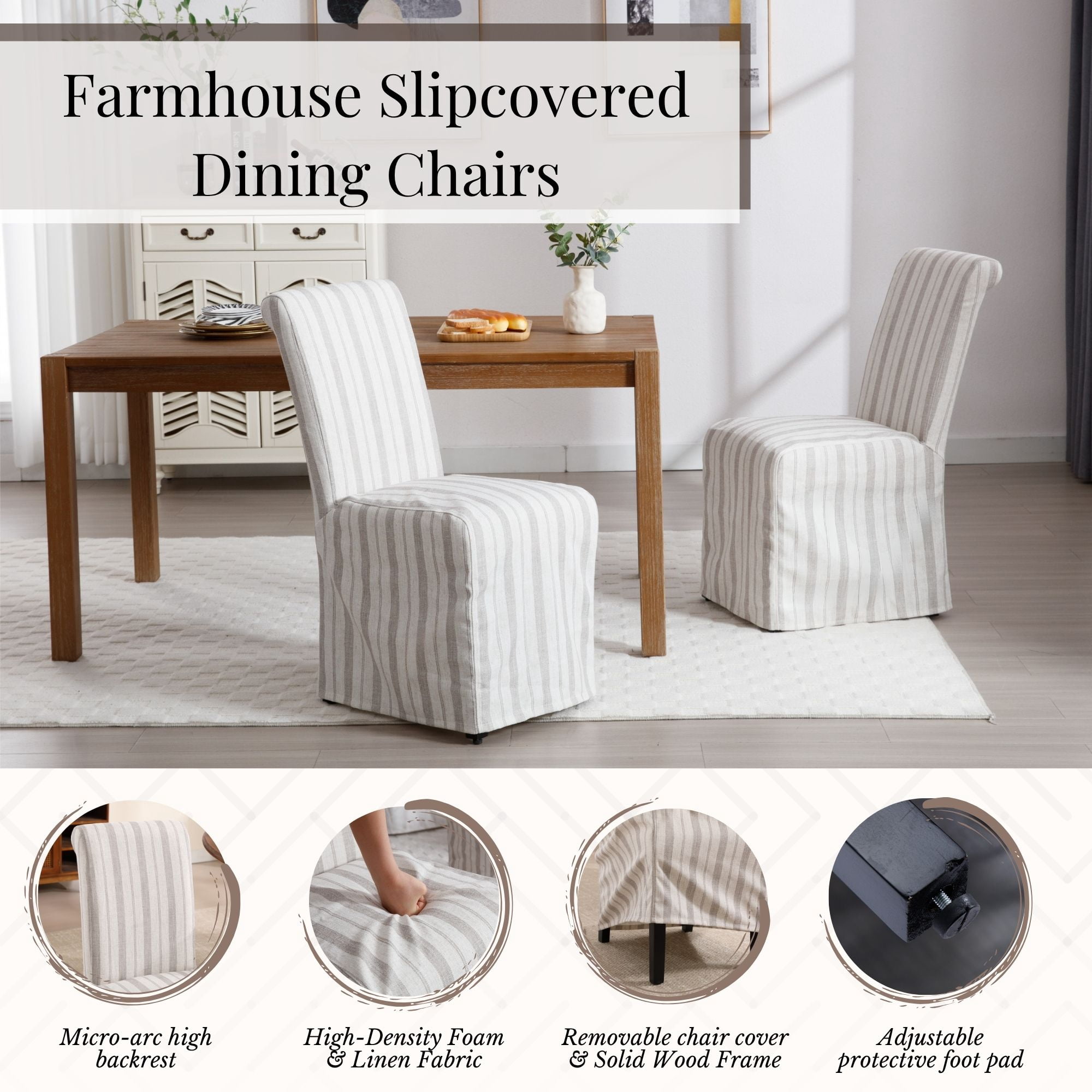 Dayalane Slipcovered Parsons Dining Chairs Set of 2, Modern Farmhouse High Back Linen Upholstered Chair with Removable Skirted, Classic Wooden Side Kitchen Chairs for Dining Living Room, Khaki Stripe